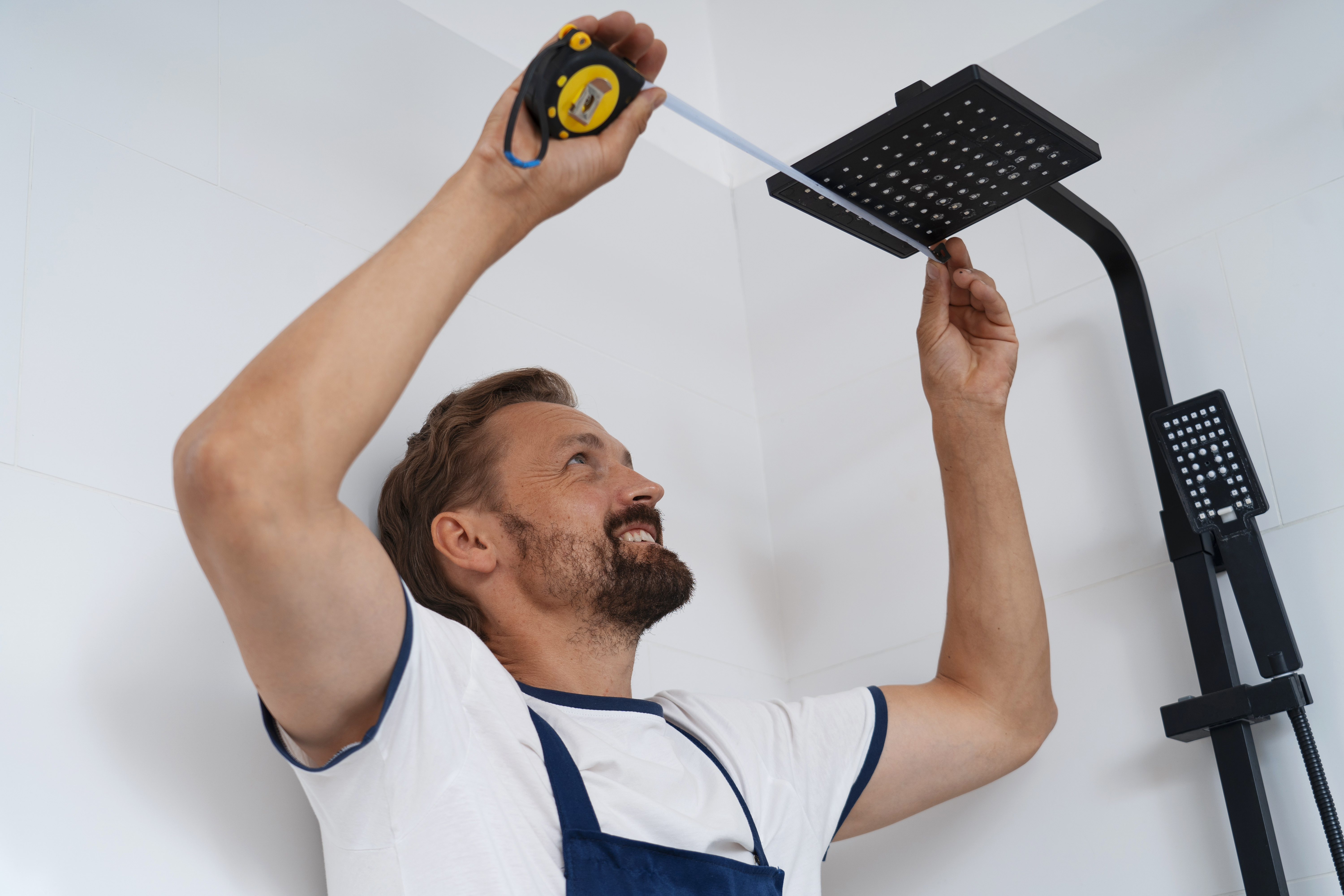 Hombre sosteniendo un metro, midiendo una ducha de baño